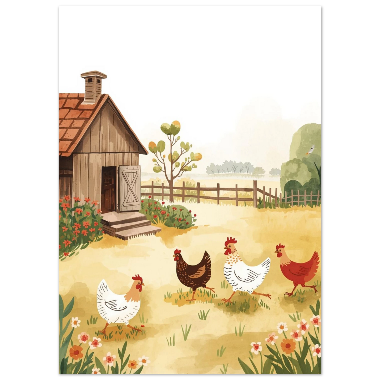 Lantlig illustration med höns som sprätter utanför en gammal trästuga