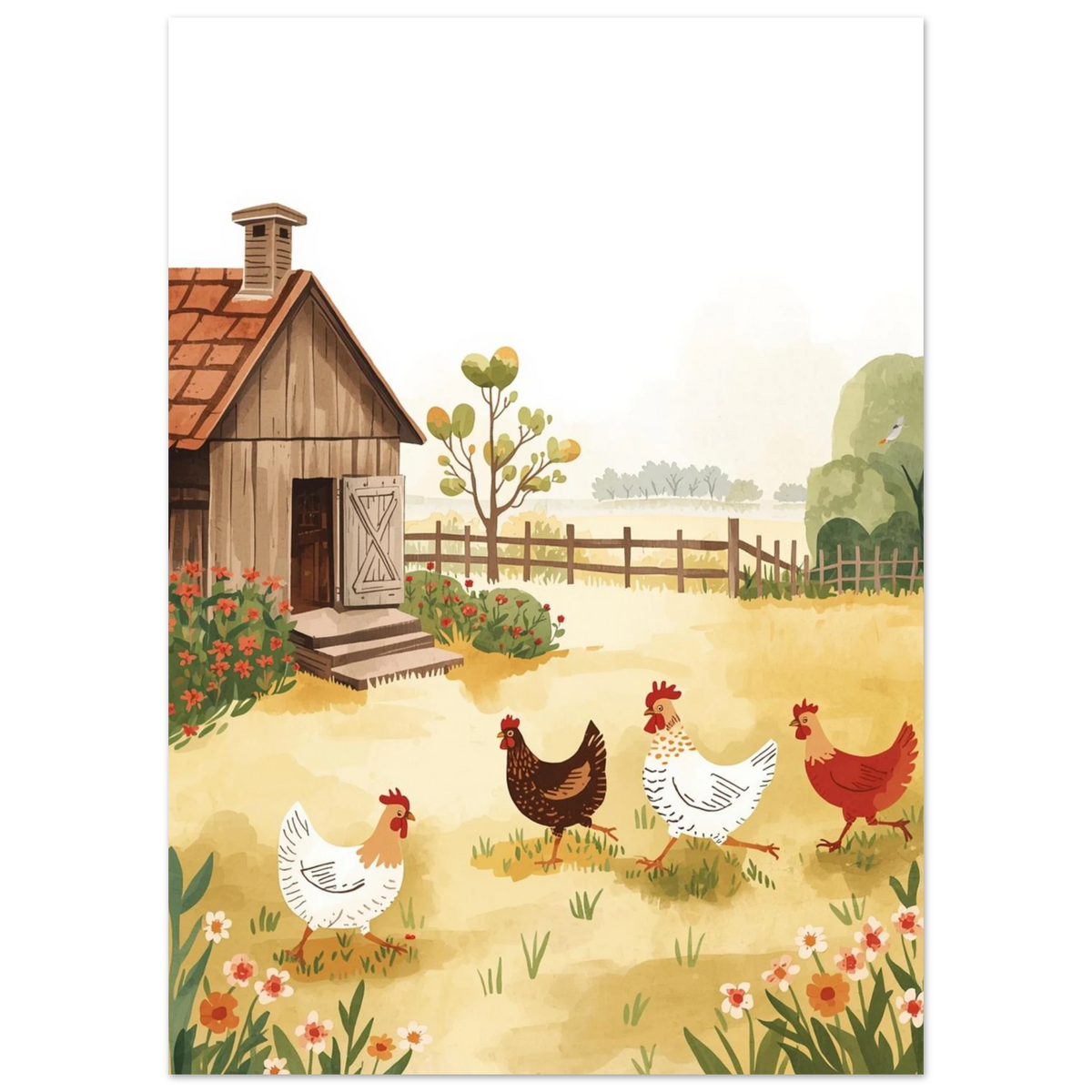 Lantlig illustration med höns som sprätter utanför en gammal trästuga