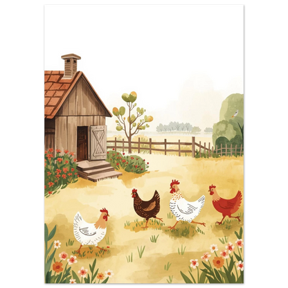 Lantlig illustration med höns som sprätter utanför en gammal trästuga