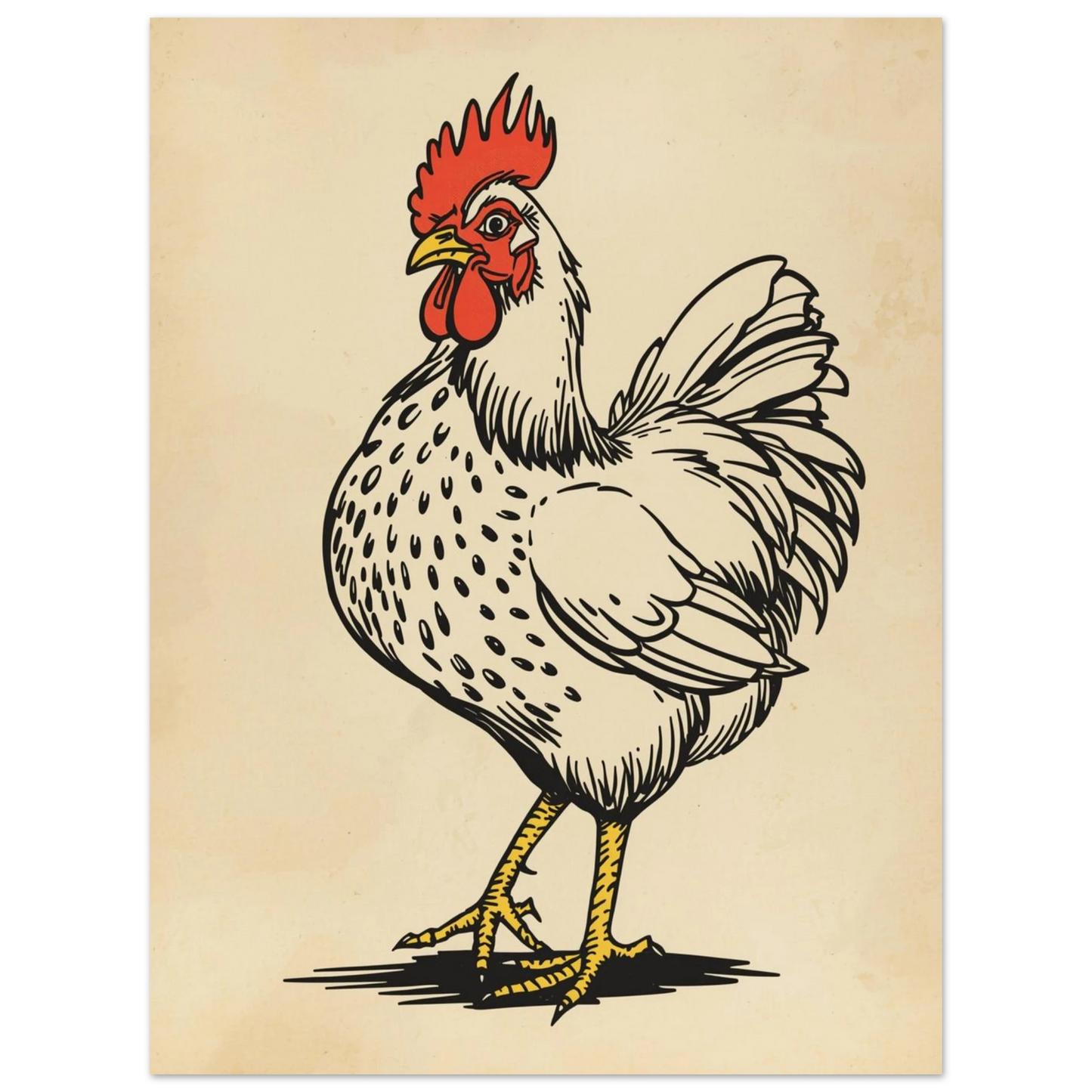 Grafisk illustration av en kyckling med kaxig pose och tydliga konturer