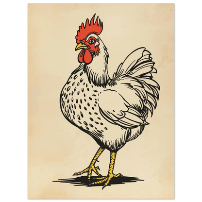Grafisk illustration av en kyckling med kaxig pose och tydliga konturer