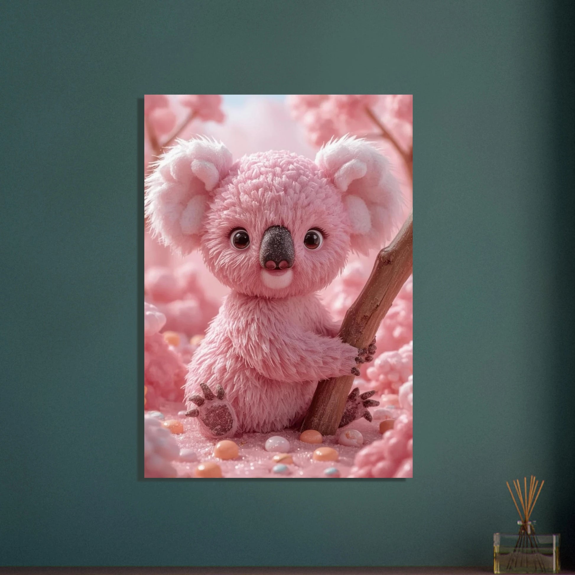 Sockervaddskoala i rosa fantasivärld, söt och drömlik, med godis.