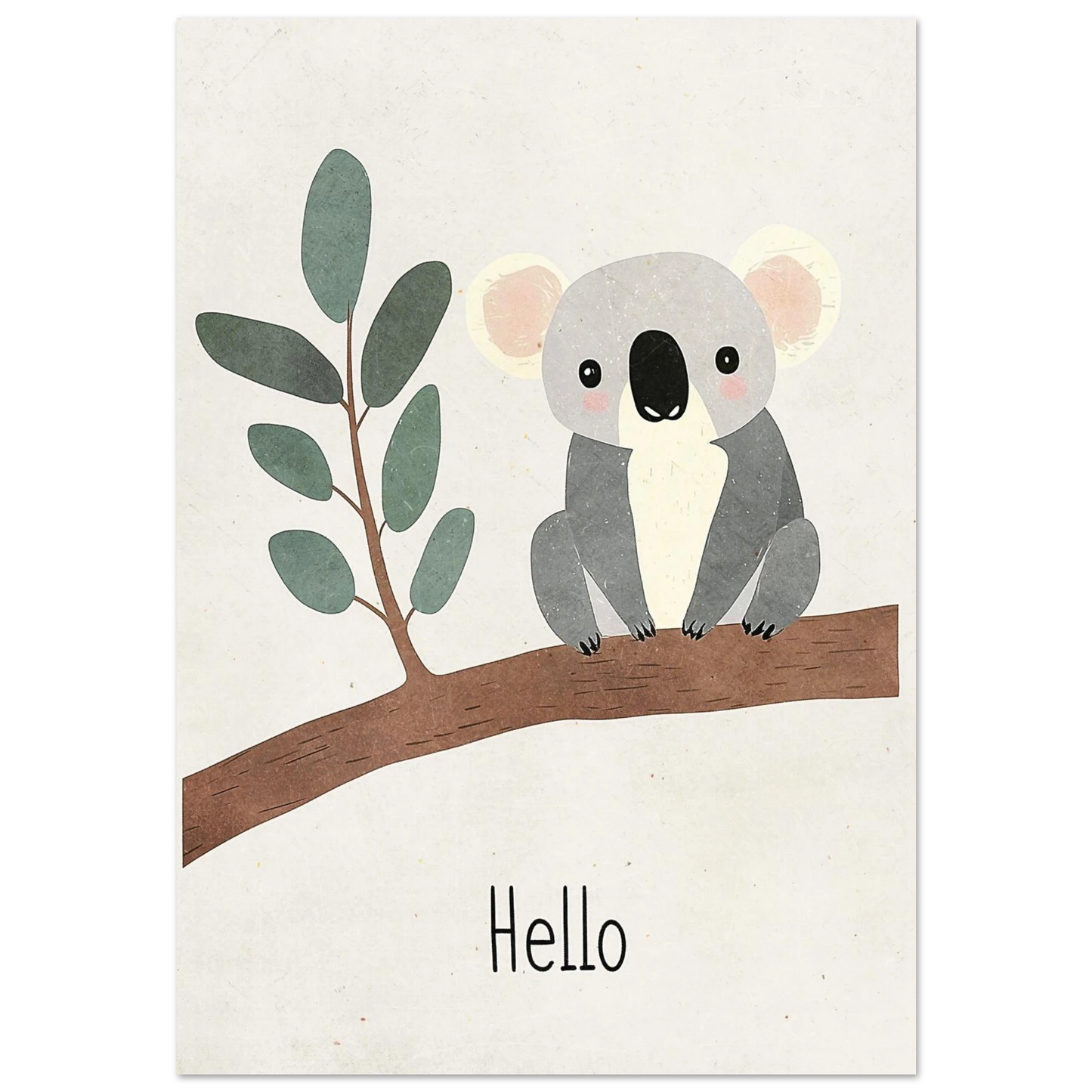 Grå koala på brun gren med gröna eukalyptusblad – barntavla