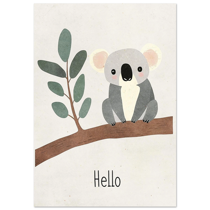 Grå koala på brun gren med gröna eukalyptusblad – barntavla
