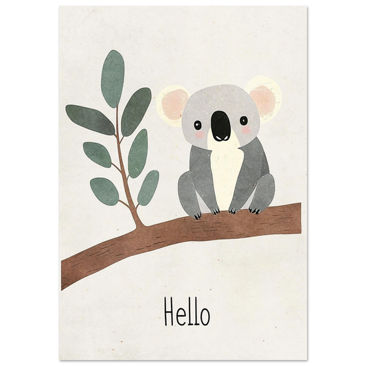 Grå koala på brun gren med gröna eukalyptusblad – barntavla