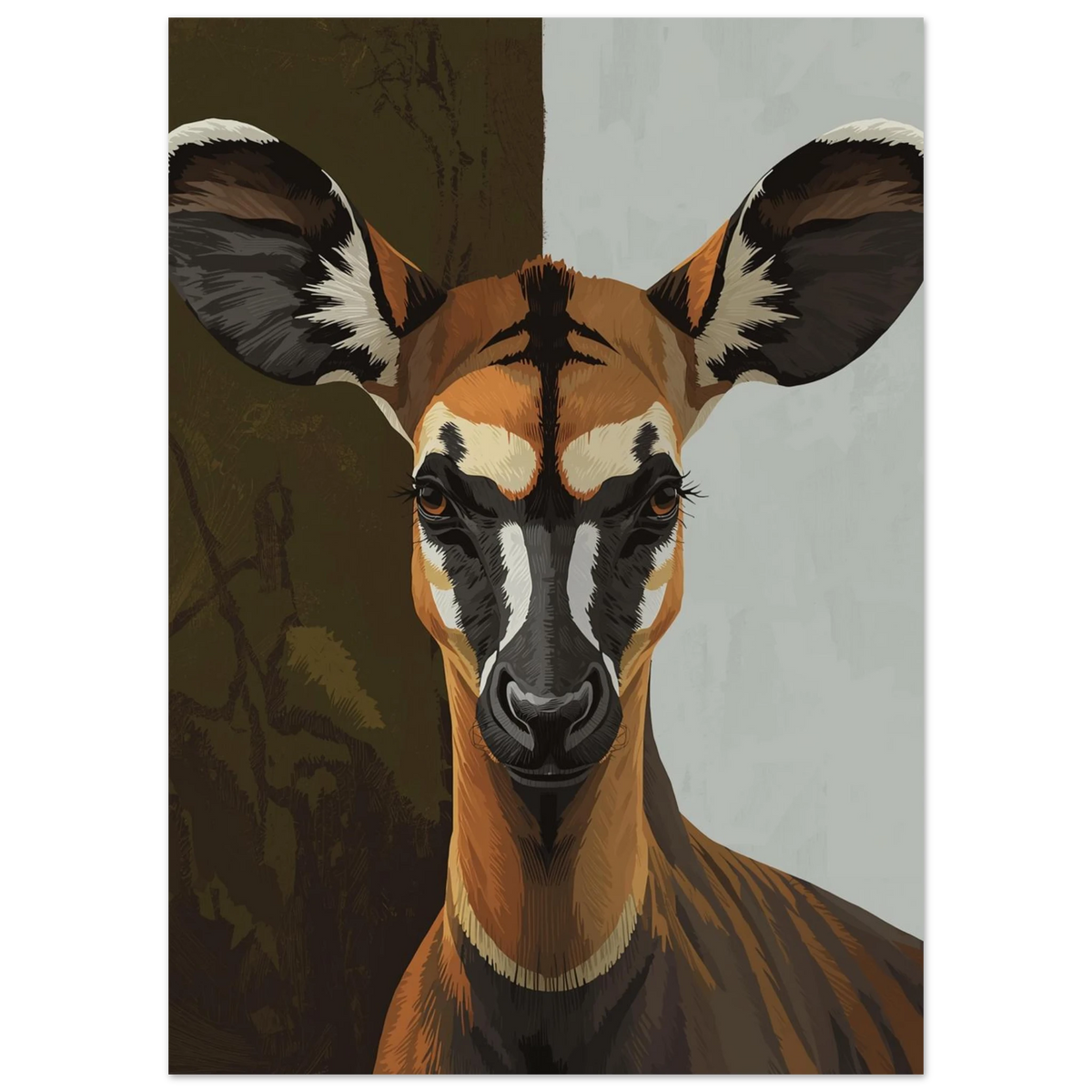 Närbild på okapi med stora öron och unika ansiktsmarkeringar, djurposter