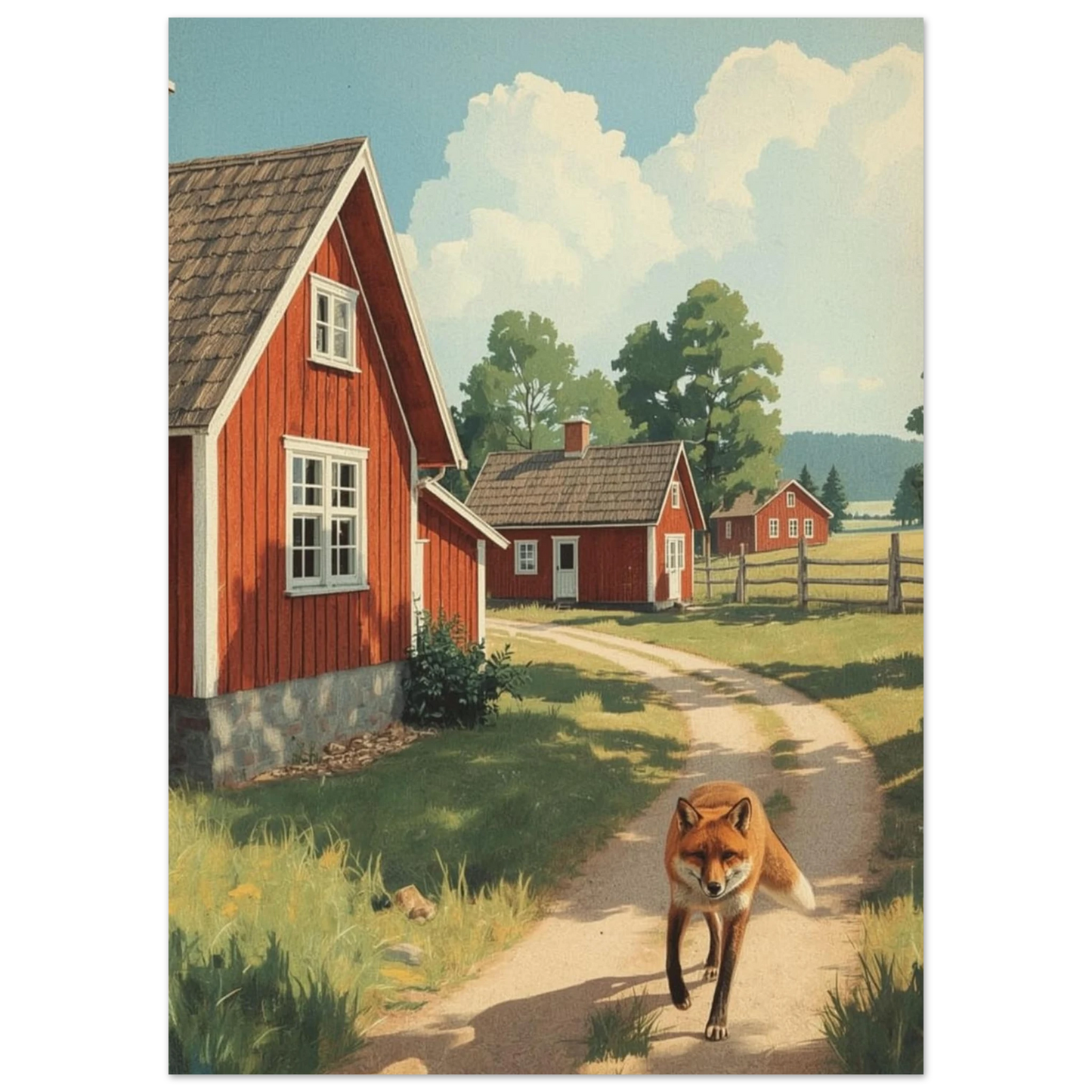 Naturmotiv med räv i svensk idyll, illustration med röda hus