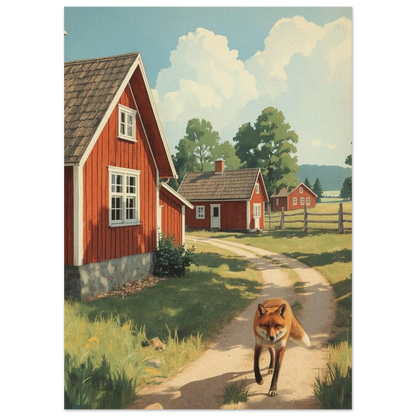 Naturmotiv med räv i svensk idyll, illustration med röda hus