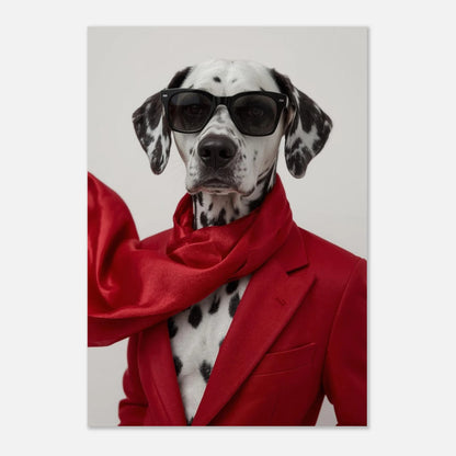 Elegant hundposter föreställande dalmatiner i röd kostym och glasögon