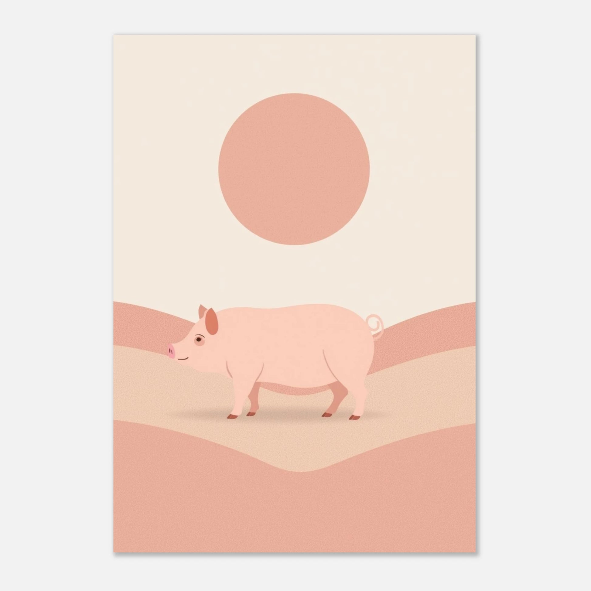 Väggkonst med en rosa gris i en avskalad och lugn design