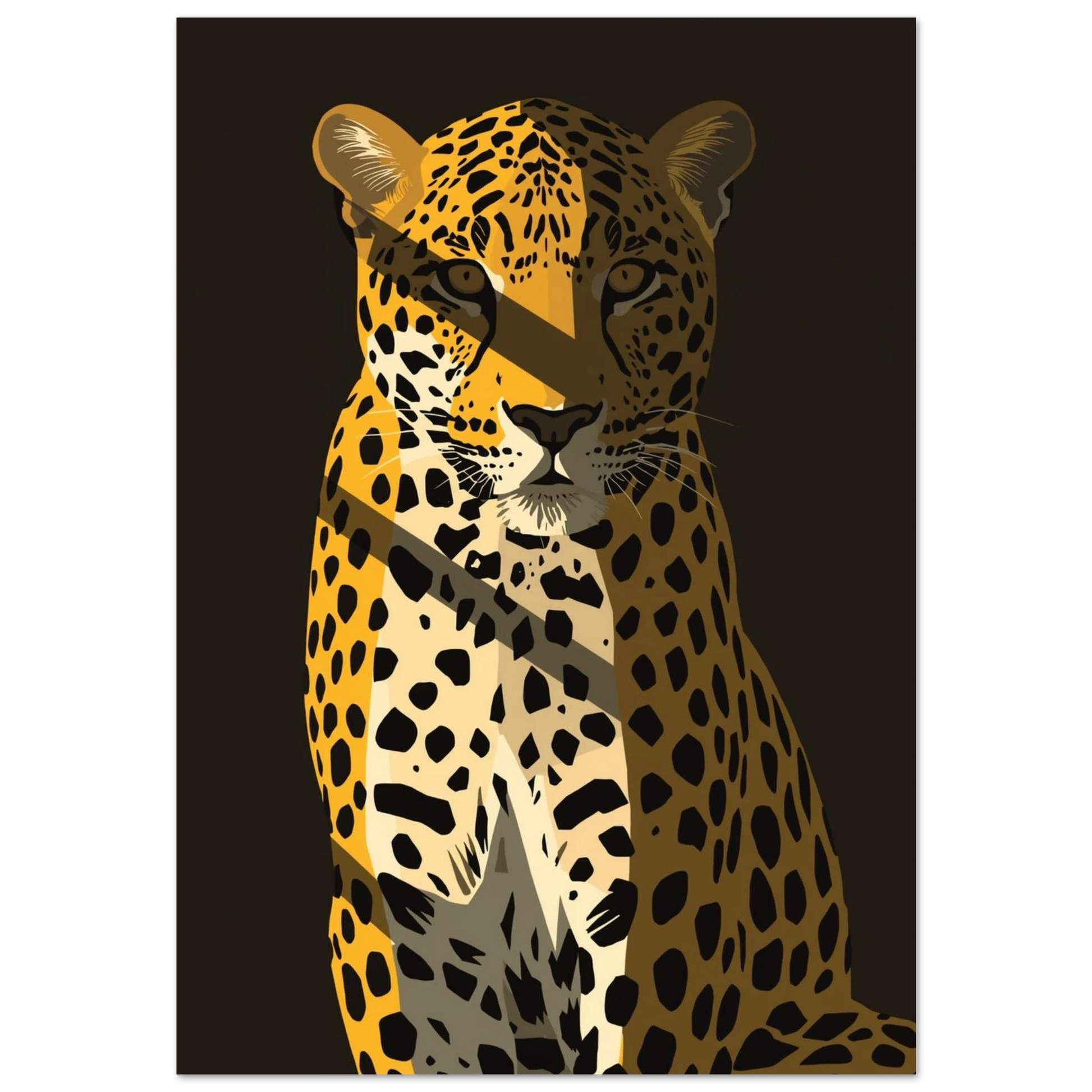 Sittande leopard i grafisk illustration med skarpa skuggor mot mörk bakgrund