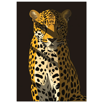 Sittande leopard i grafisk illustration med skarpa skuggor mot mörk bakgrund