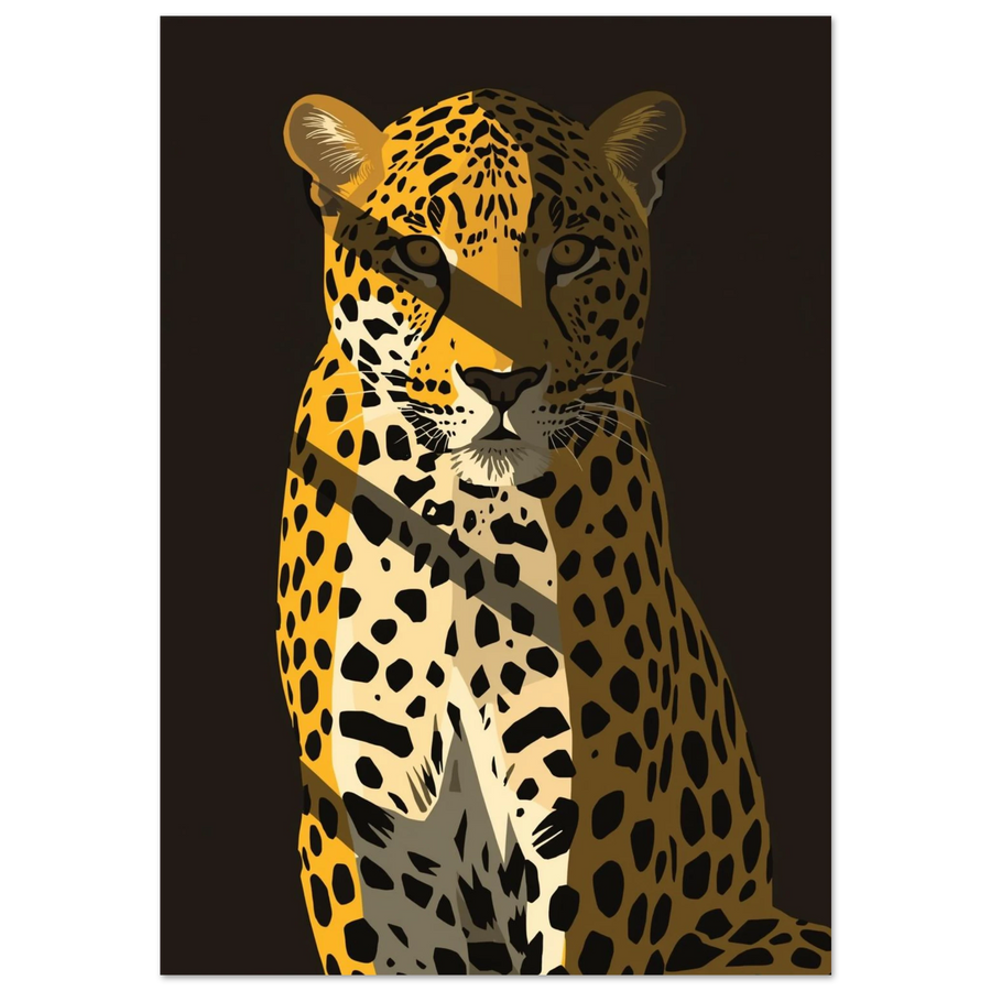 Sittande leopard i grafisk illustration med skarpa skuggor mot mörk bakgrund