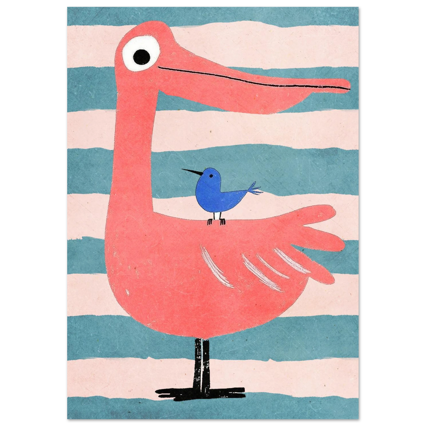 Färgglad barnposter med en stor rosa fågel och blå vän