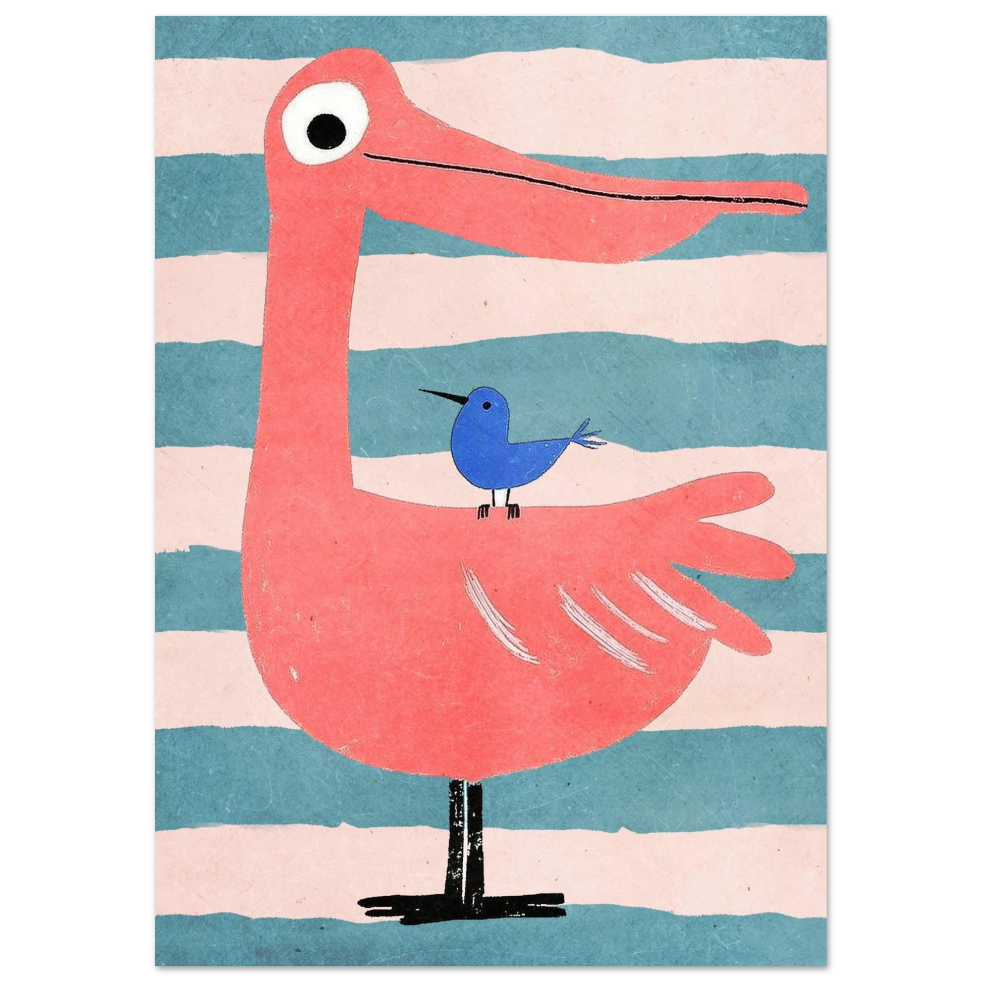 Färgglad barnposter med en stor rosa fågel och blå vän