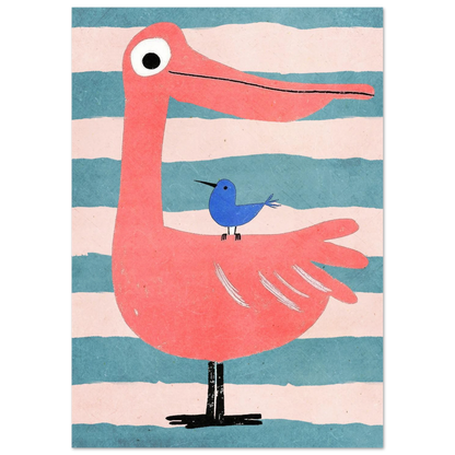 Färgglad barnposter med en stor rosa fågel och blå vän