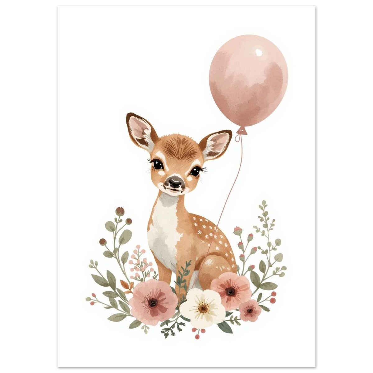 Illustrerat rådjur med fläckig päls och en svävande rosa ballong