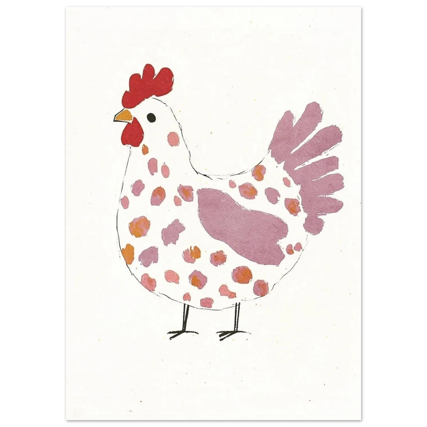 Handritad illustration av prickig höna i varma pastellfärger på vit bakgrund