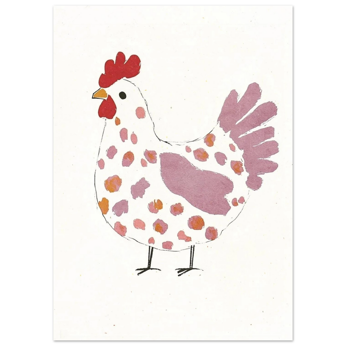Handritad illustration av prickig höna i varma pastellfärger på vit bakgrund