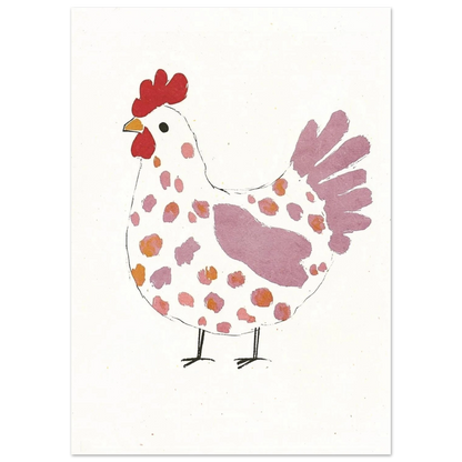 Handritad illustration av prickig höna i varma pastellfärger på vit bakgrund