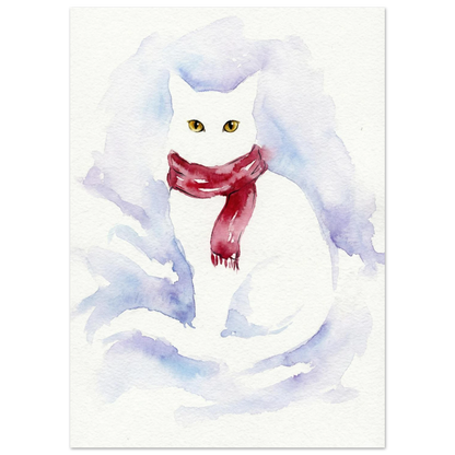 Akvarellmålning av vit katt med vinröd scarf och gula ögon
