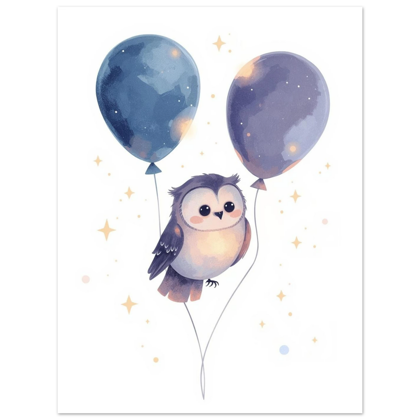 Magisk djurillustration av uggla med himmelsblå ballonger, mjukt tecknat motiv
