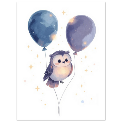 Magisk djurillustration av uggla med himmelsblå ballonger, mjukt tecknat motiv