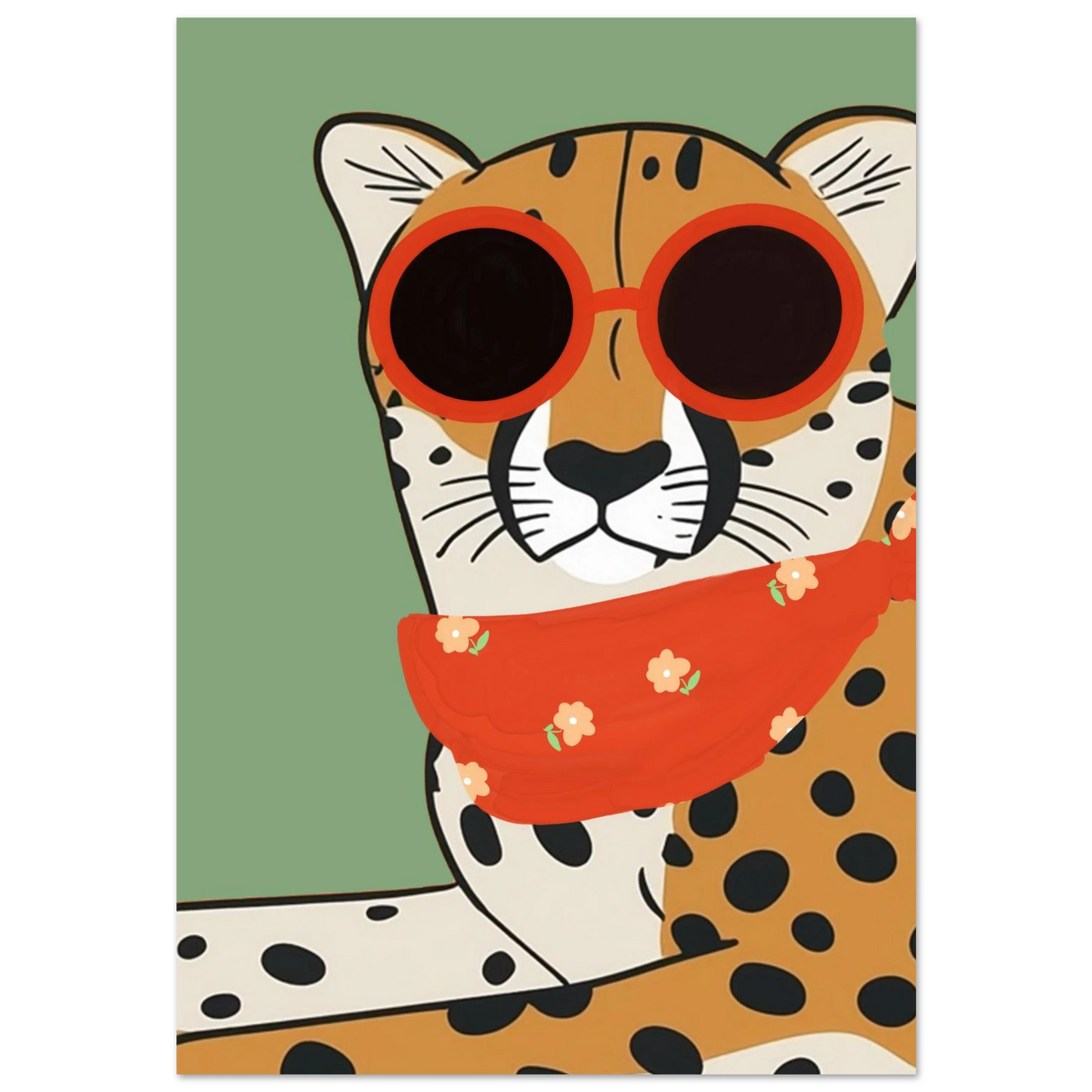 Cool gepard i röda runda solglasögon och röd blommig scarf