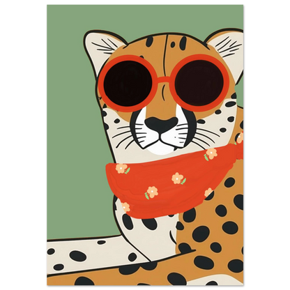 Cool gepard i röda runda solglasögon och röd blommig scarf