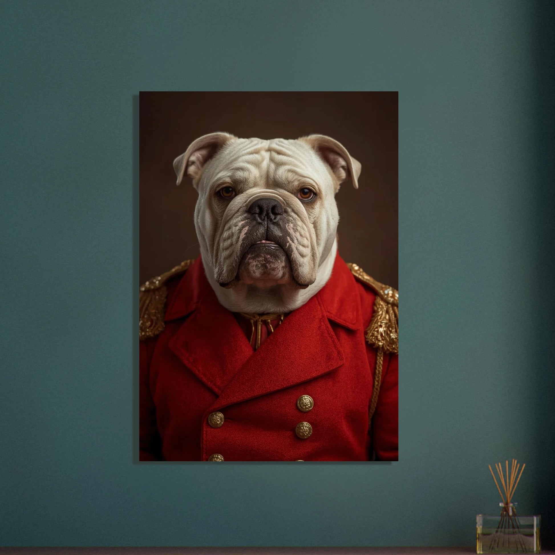 Bulldogg i röd generaluniform, stoisk och värdig karaktär