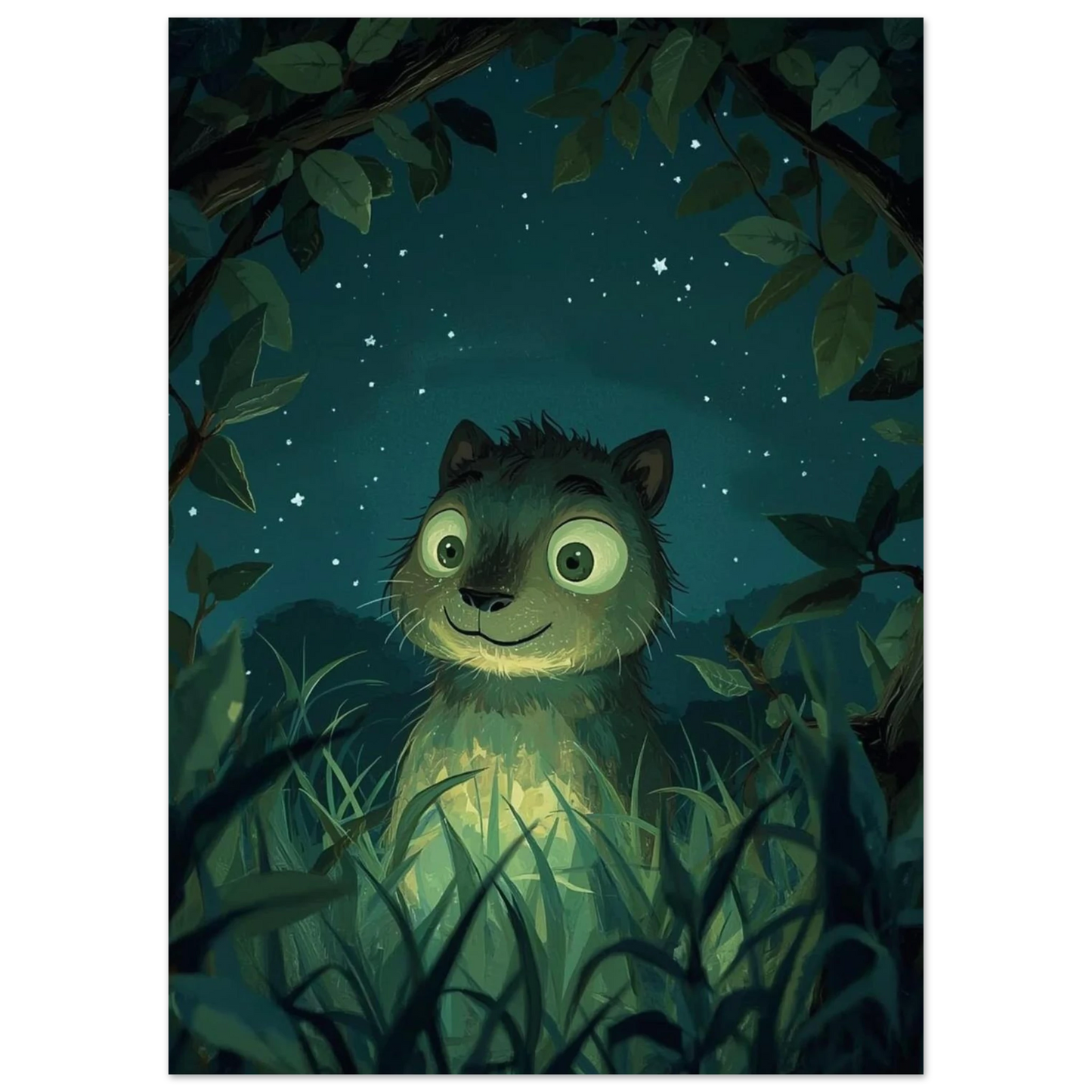 Sagoaktig illustration av en iller under stjärnhimlen i skymningsljus