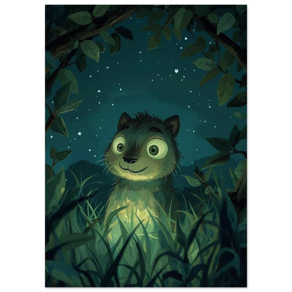 Sagoaktig illustration av en iller under stjärnhimlen i skymningsljus