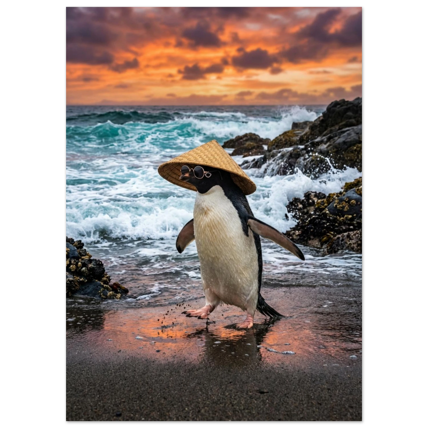 Nära bild av pingvinens ansikte under en stråhatt vid havet vid solnedgång – Fotorealistisk poster