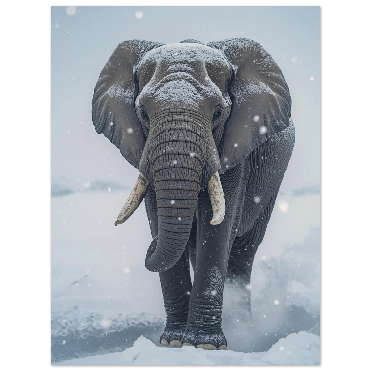 Detaljrik bild av elefantens ansikte i ett vintrigt snöoväder – poster