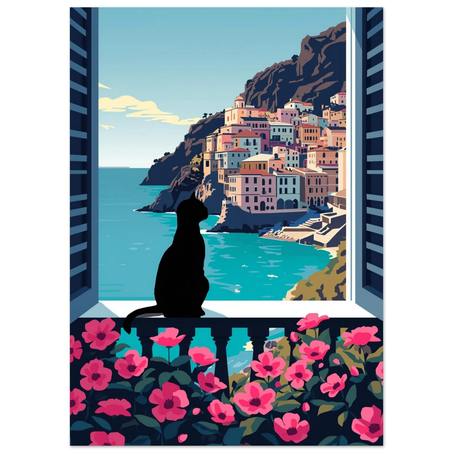 Kattmotiv i retrostil som blickar ut över Amalfikusten och turkost hav