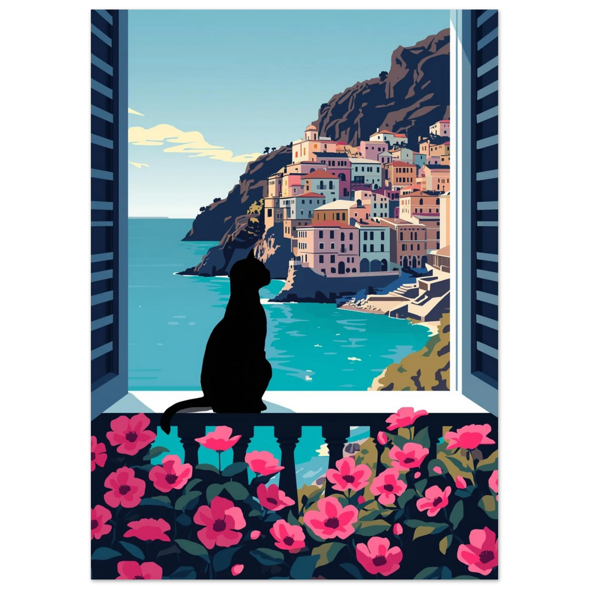 Kattmotiv i retrostil som blickar ut över Amalfikusten och turkost hav