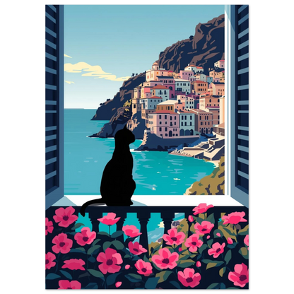 Kattmotiv i retrostil som blickar ut över Amalfikusten och turkost hav