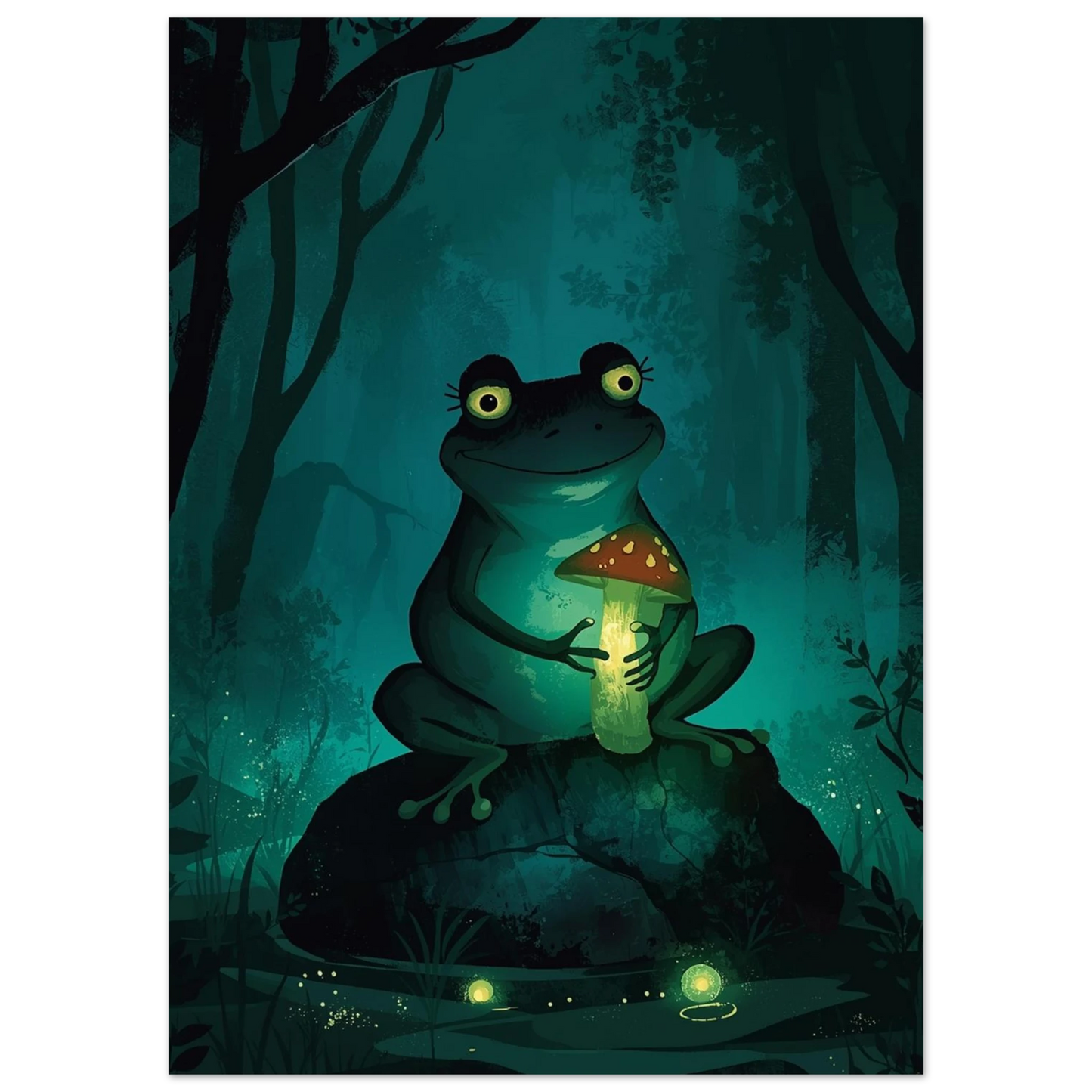 Sittande groda i mörkgrön skog med glödande svamp – sagolik illustration