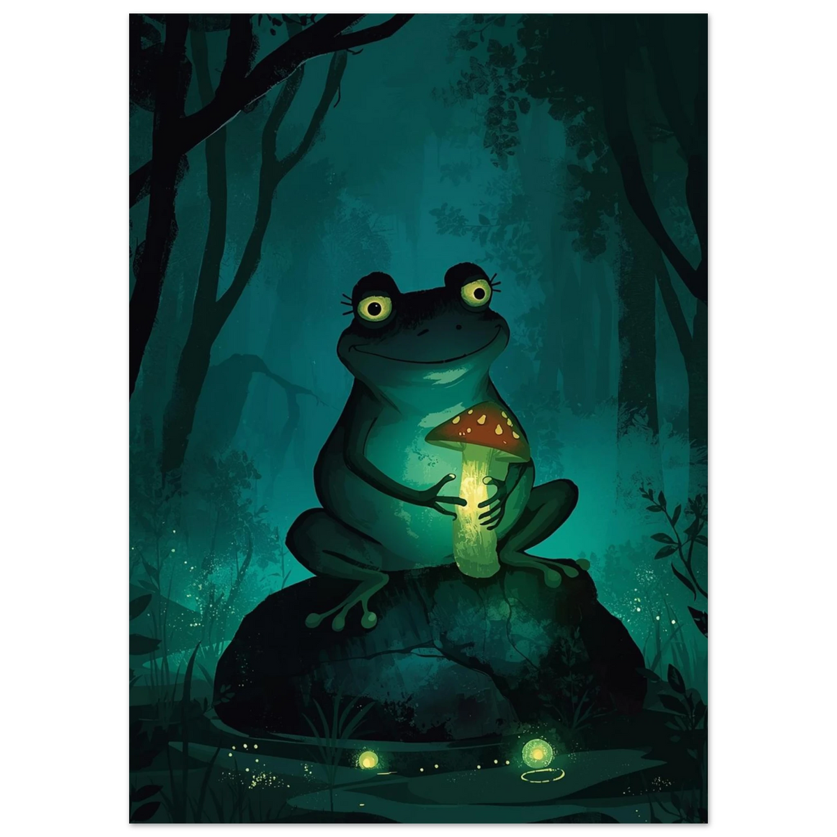 Sittande groda i mörkgrön skog med glödande svamp – sagolik illustration