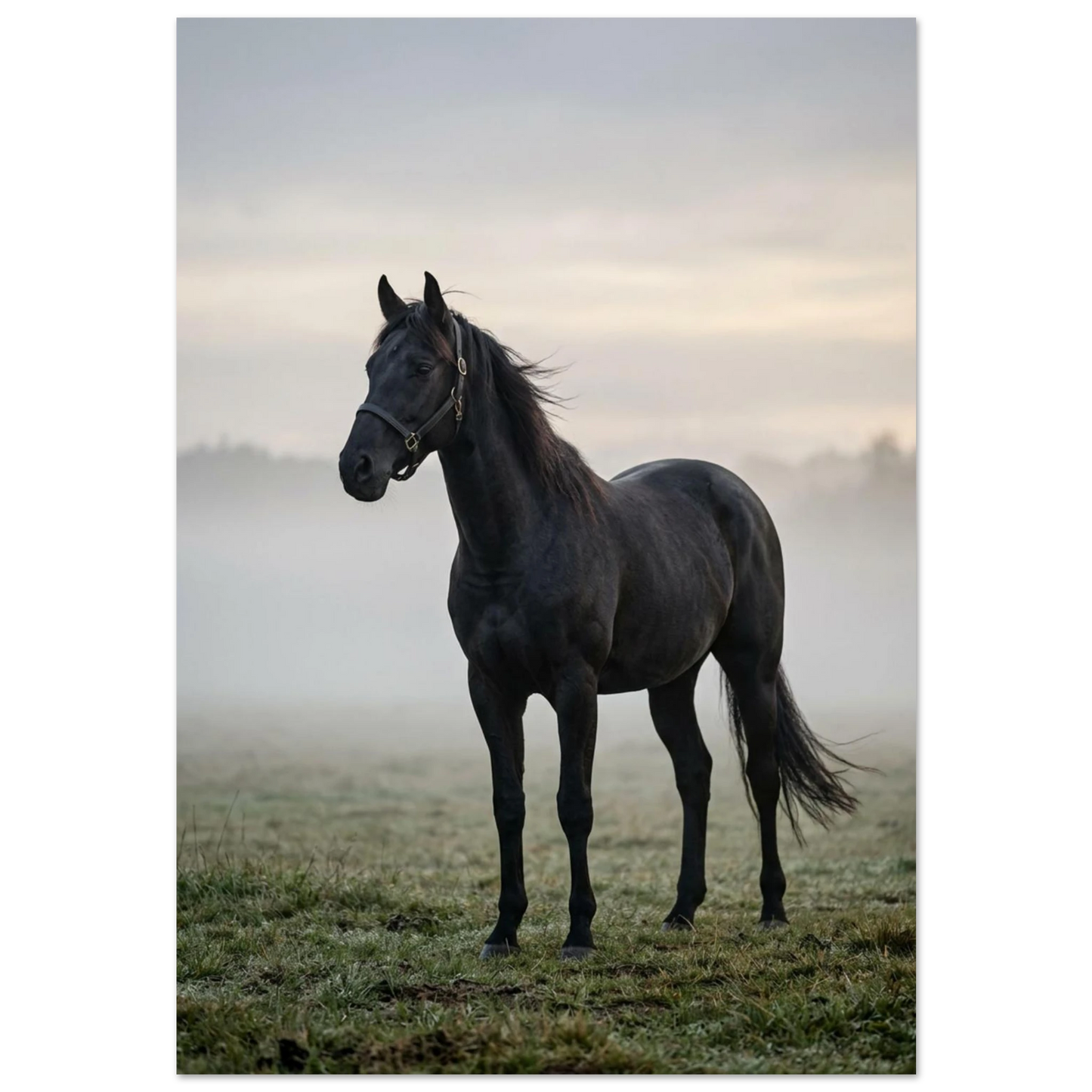 Elegant svart häst i morgondis, lugn och mystisk stämning