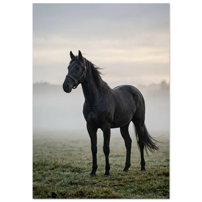 Elegant svart häst i morgondis, lugn och mystisk stämning