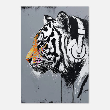 Konstnärligt print av tiger i hörlurar med stänk av orange och rosa