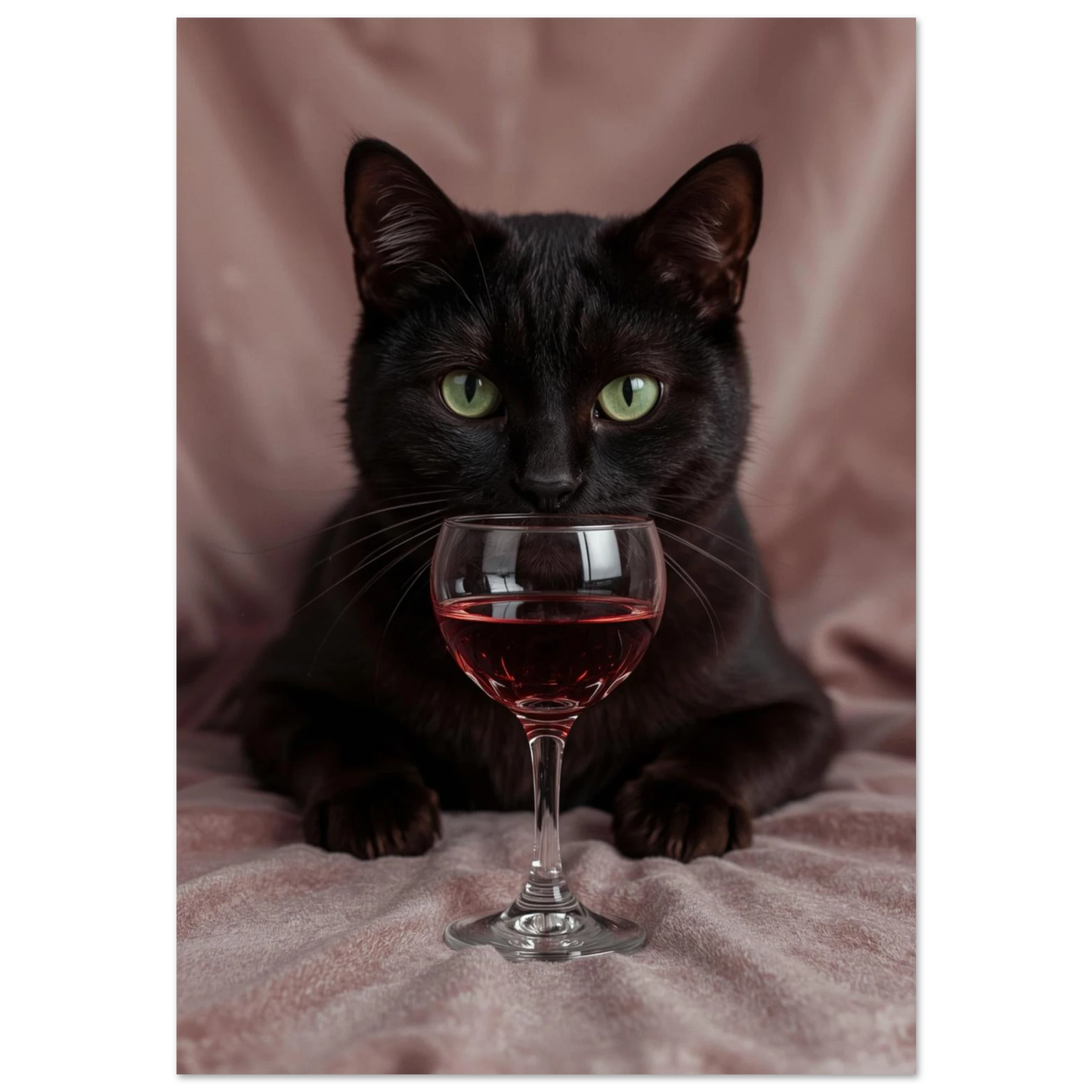 Svart katt med gröna ögon bakom ett vinglas med rött vin, mörkrosa bakgrund
