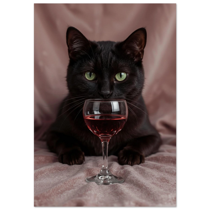 Svart katt med gröna ögon bakom ett vinglas med rött vin, mörkrosa bakgrund