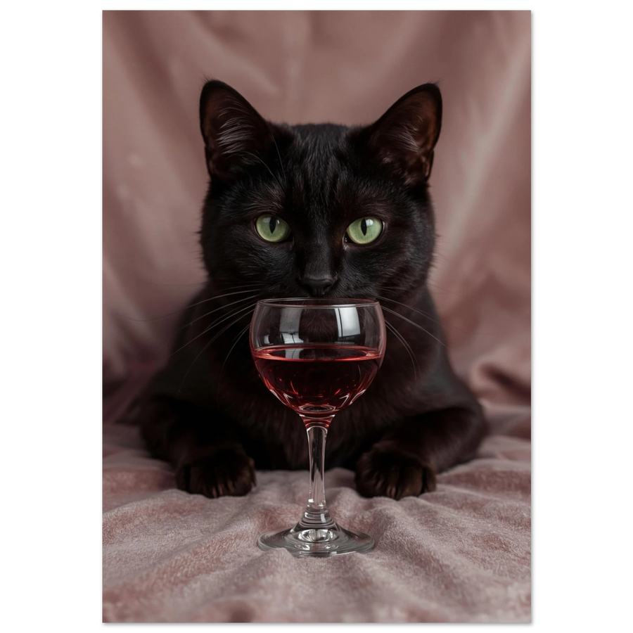 Svart katt med gröna ögon bakom ett vinglas med rött vin, mörkrosa bakgrund