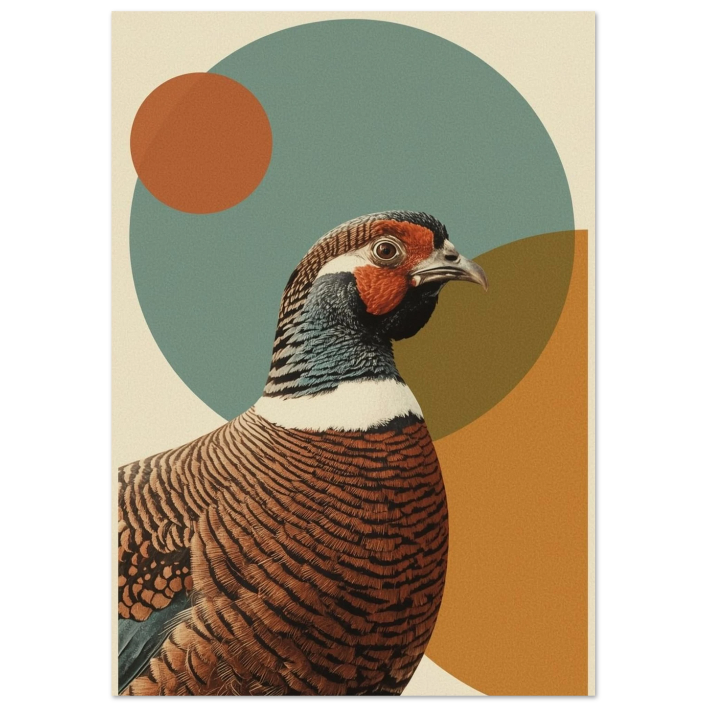 Närbild på en fasan med grafiska former i bakgrunden – retro poster