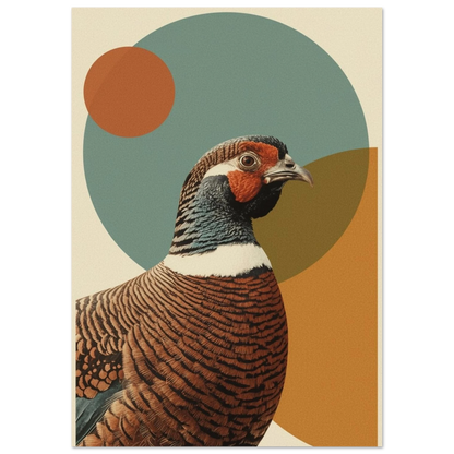 Närbild på en fasan med grafiska former i bakgrunden – retro poster