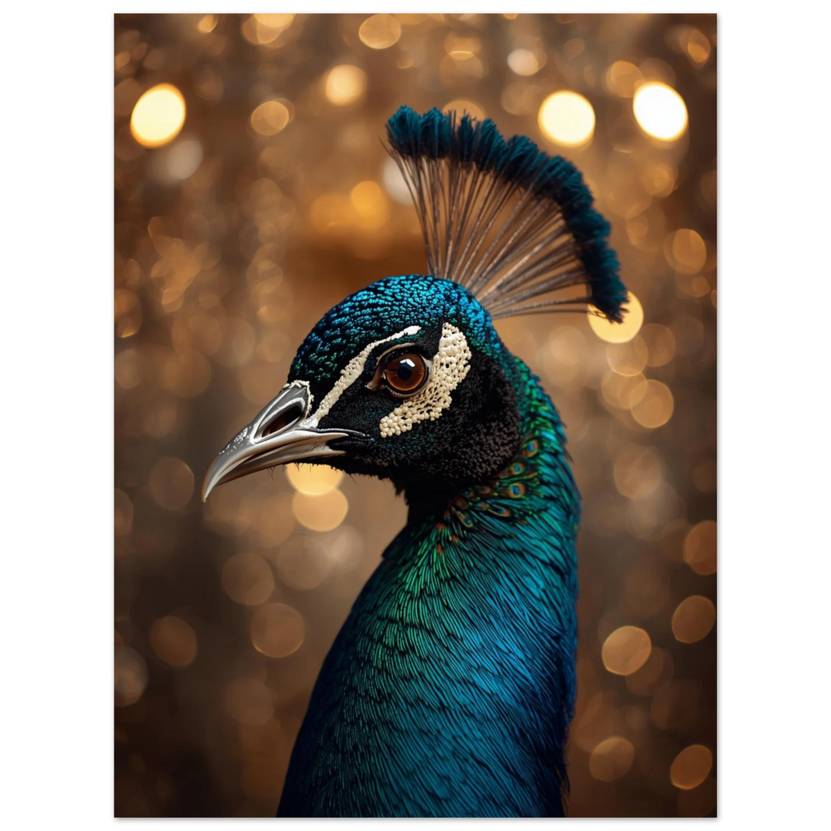 Konstnärligt foto av en påfågel med intensiva färger och mjuk fokus