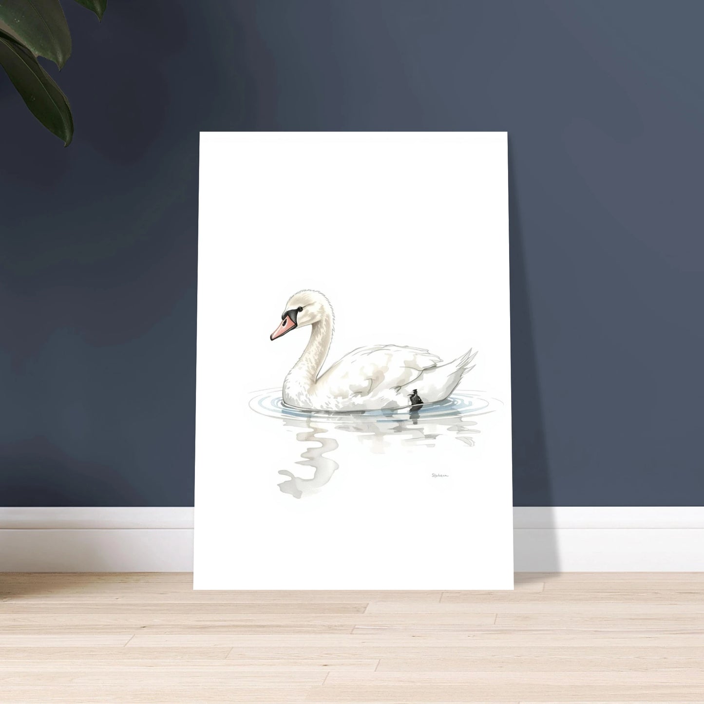 Elegant svan i akvarell på lugnt vatten, minimalistisk design