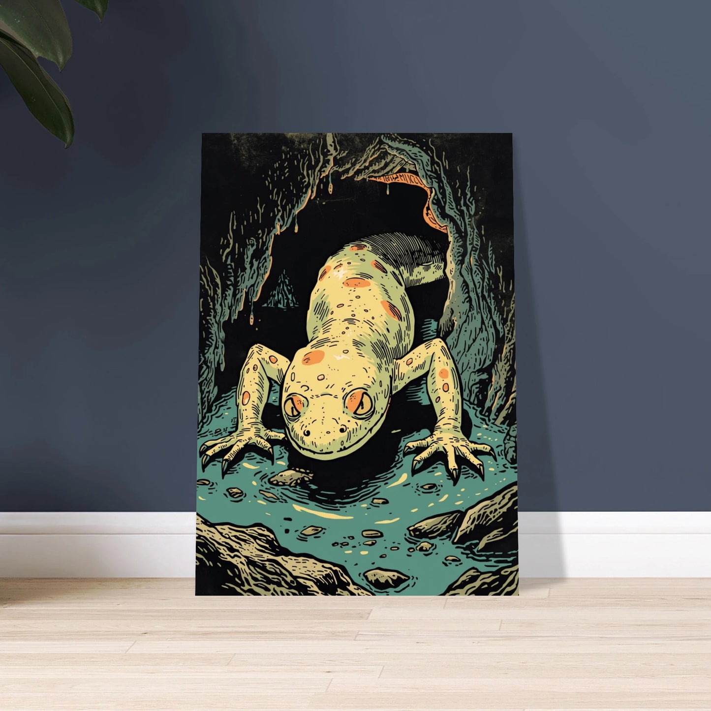 Grottsalamander i mörk grotta, mystisk och detaljerad illustration